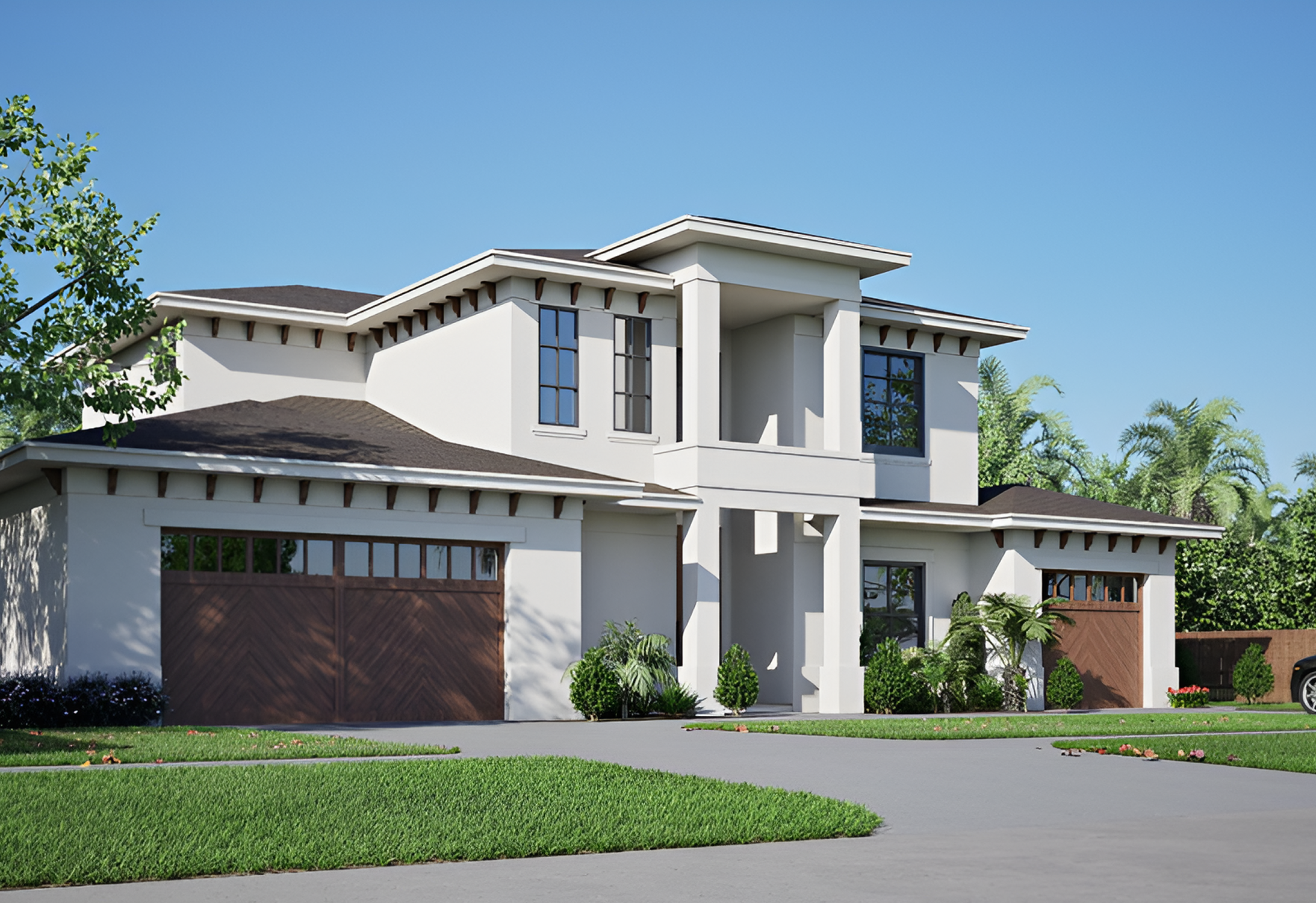 Modern two-story house with green lawn.
