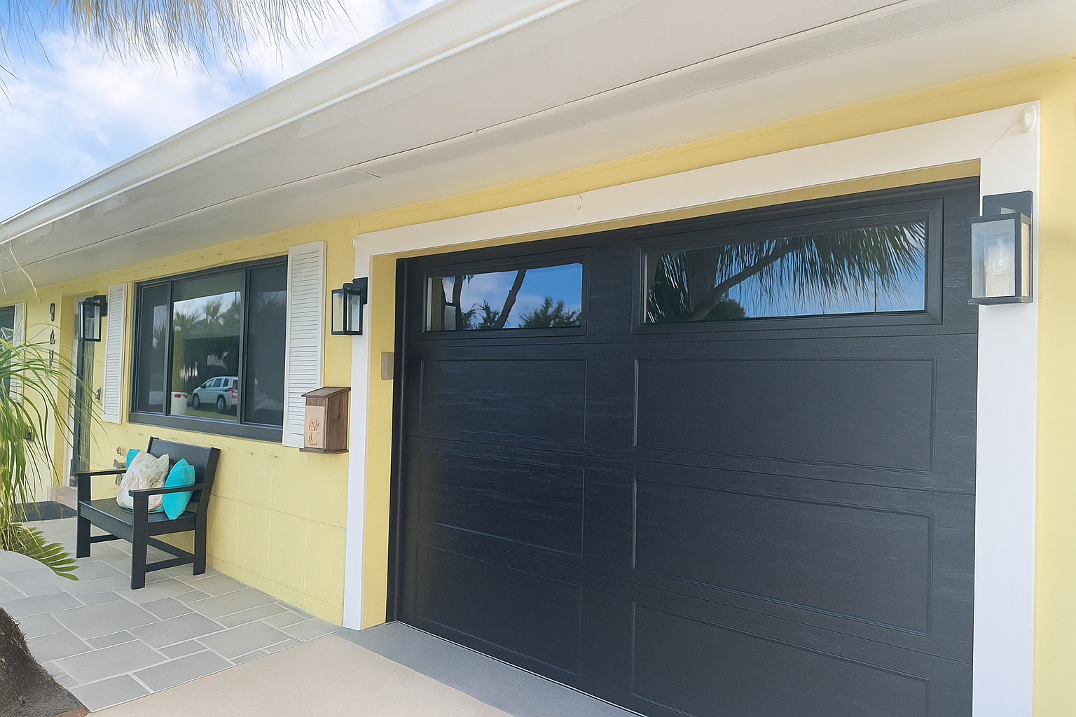 Modern home with black garage door