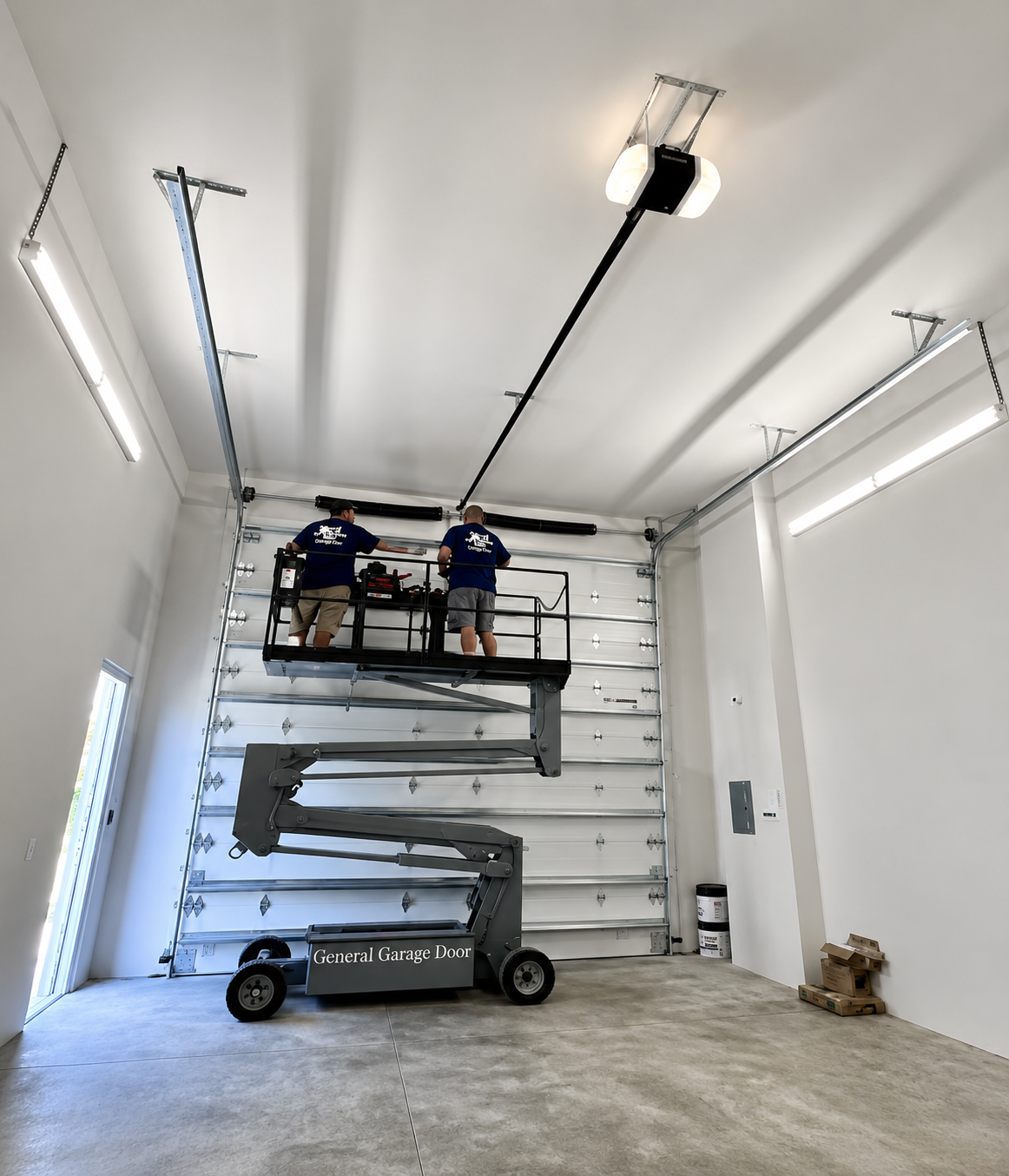 Workers fixing garage door opener